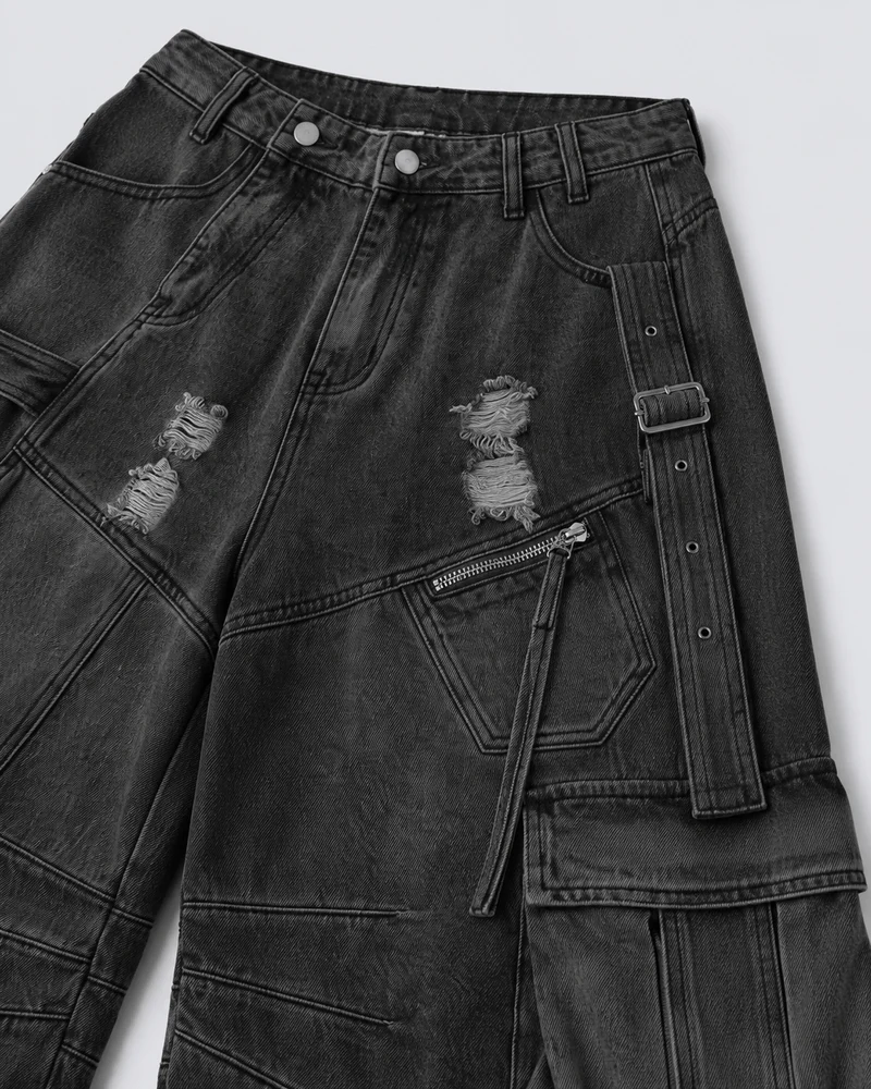 Dark Distressed Street Style Workwear Capri Pants