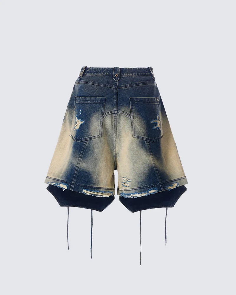 Distressed Lace-Up Washed Denim Shorts New