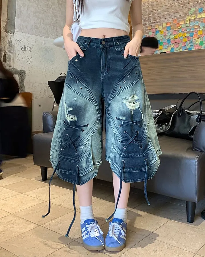 Distressed Lace-Up Washed Denim Shorts New