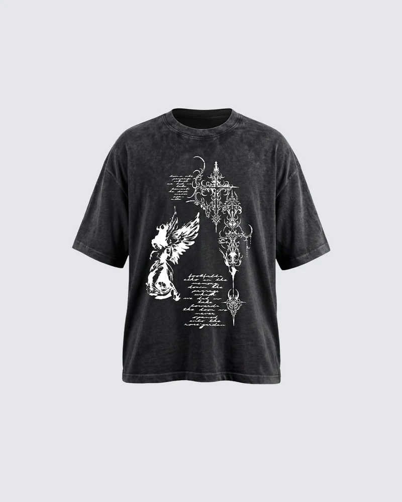 Grunge Angel & Script Graphic T-Shirt