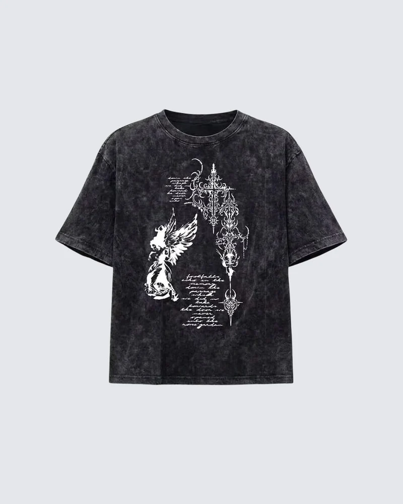 Grunge Angel & Script Graphic T-Shirt