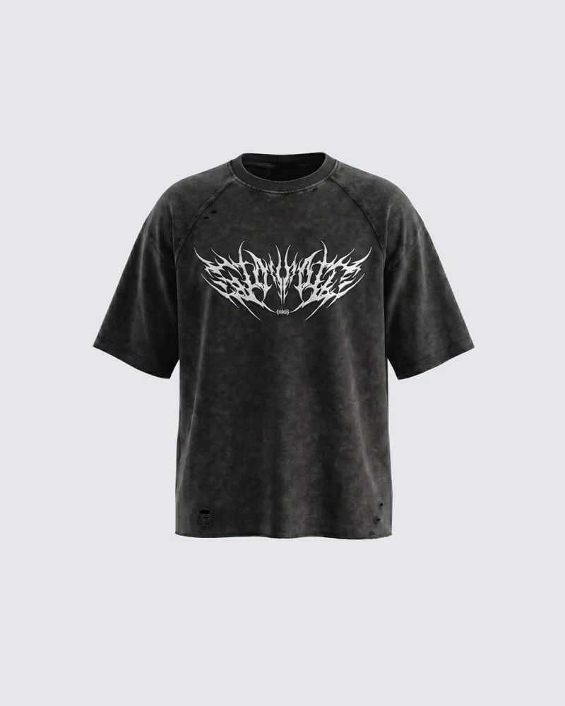 Gothic Distressed Washed Skull Print T-Shirt