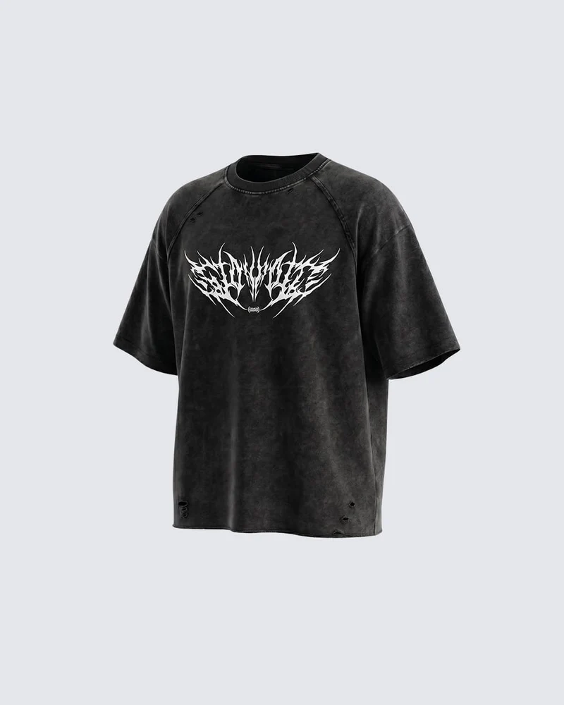 Gothic Distressed Washed Skull Print T-Shirt