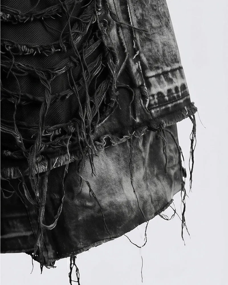 KIIKIO-Distressed Washed Layered Denim Shorts New