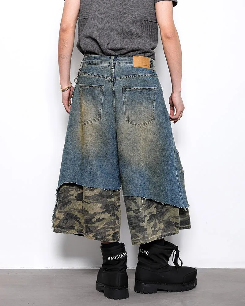 Asymmetrical Ripped Denim Shorts with Camo Layer