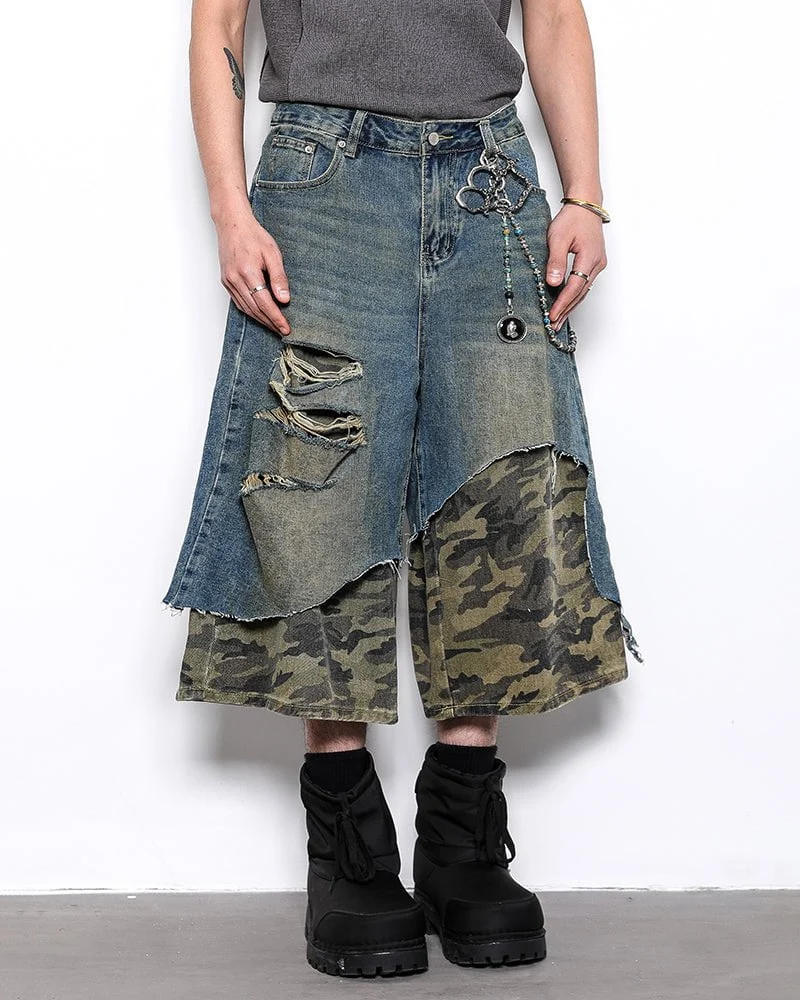 Asymmetrical Ripped Denim Shorts with Camo Layer