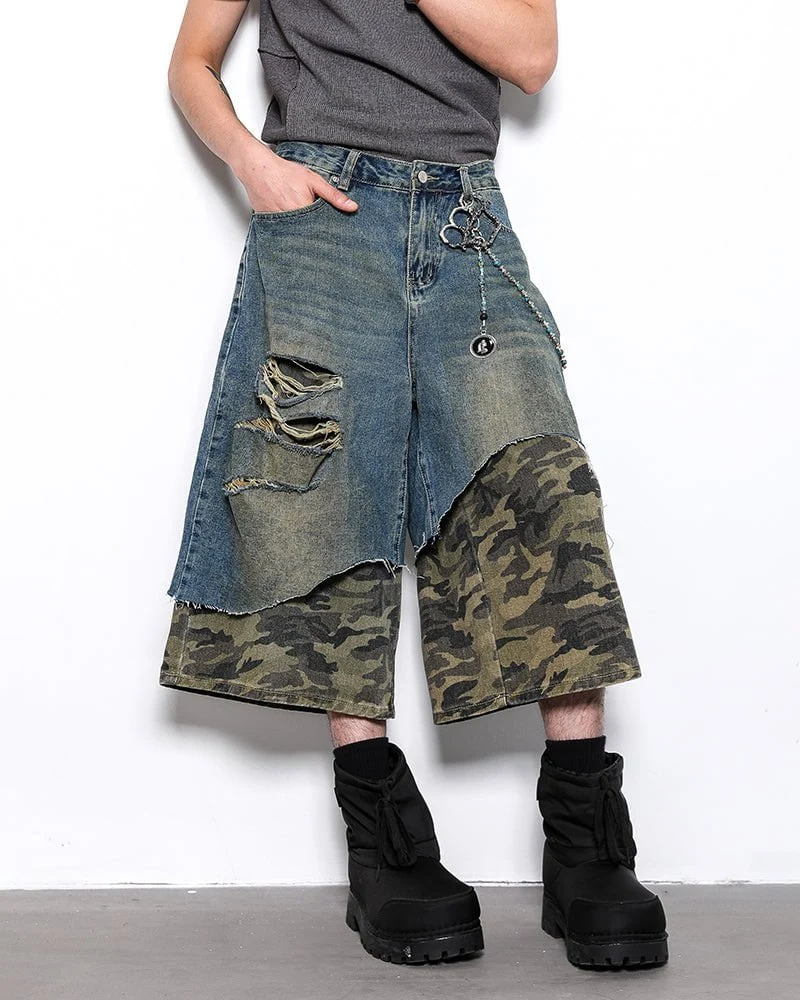 Asymmetrical Ripped Denim Shorts with Camo Layer