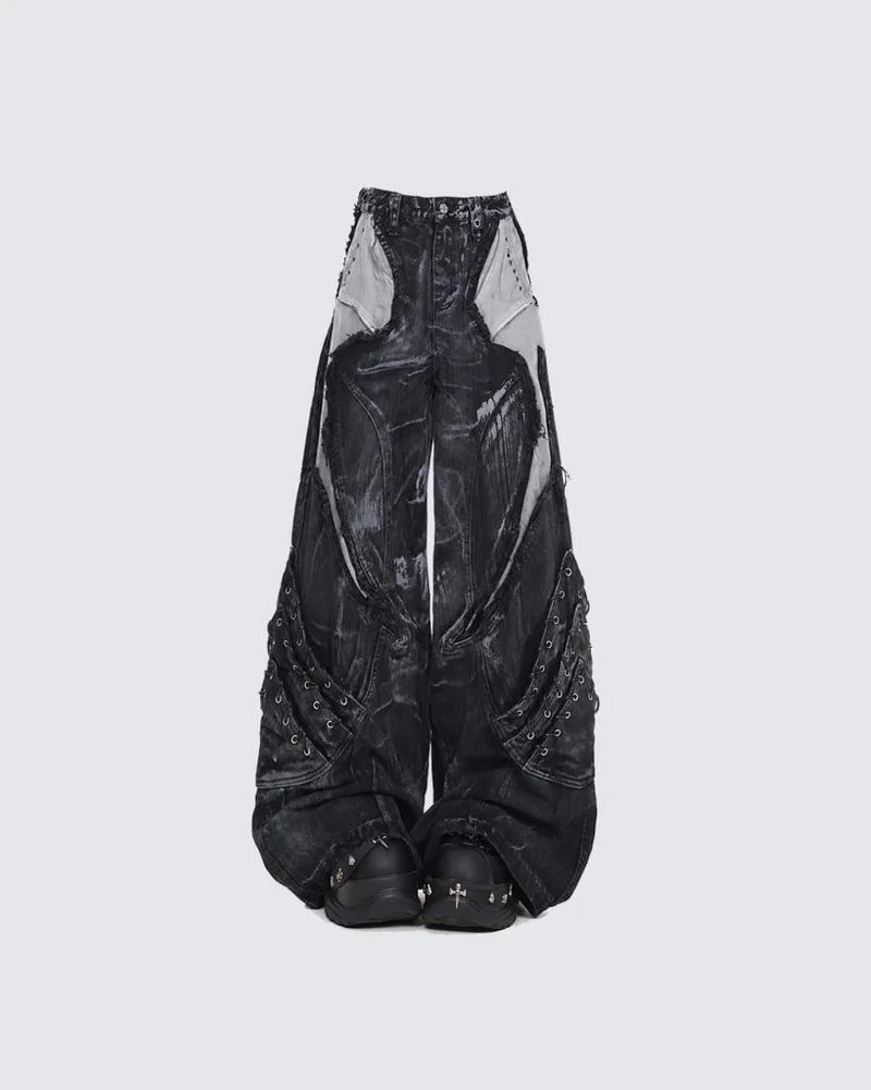 Vintage Washed Patchwork Lace-Up Wide Jeans