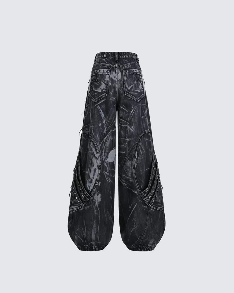 Vintage Washed Patchwork Lace-Up Wide Jeans