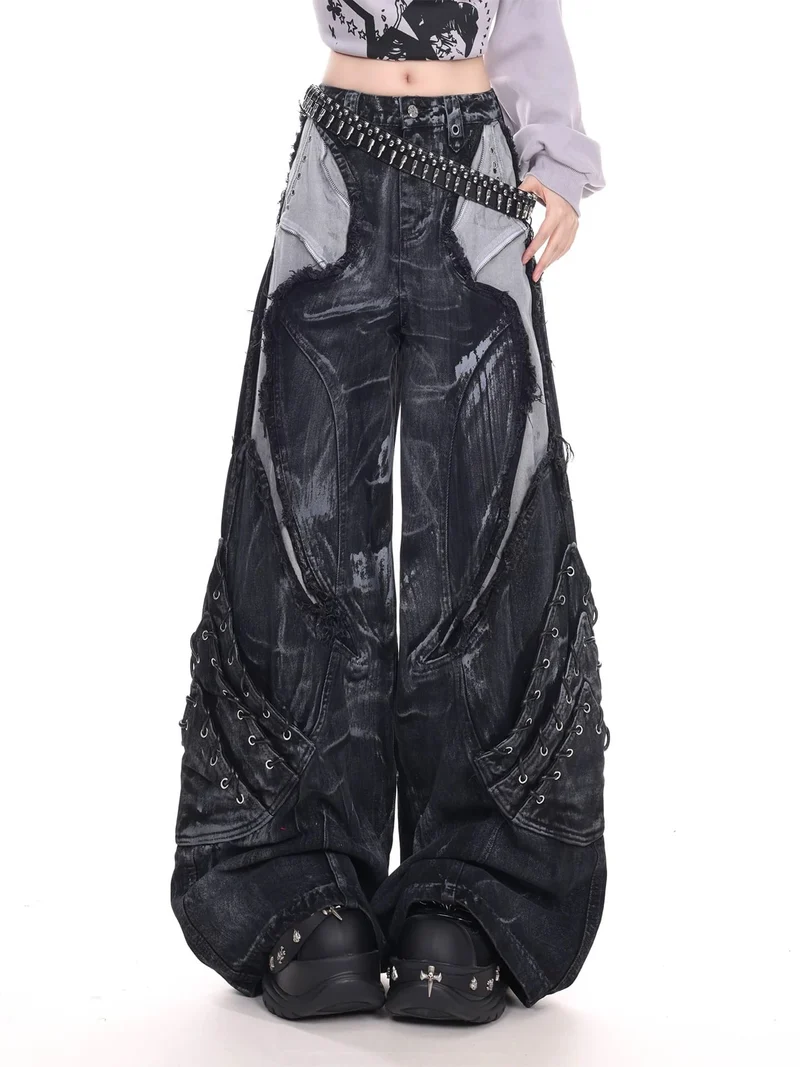 Vintage Washed Patchwork Lace-Up Wide Jeans