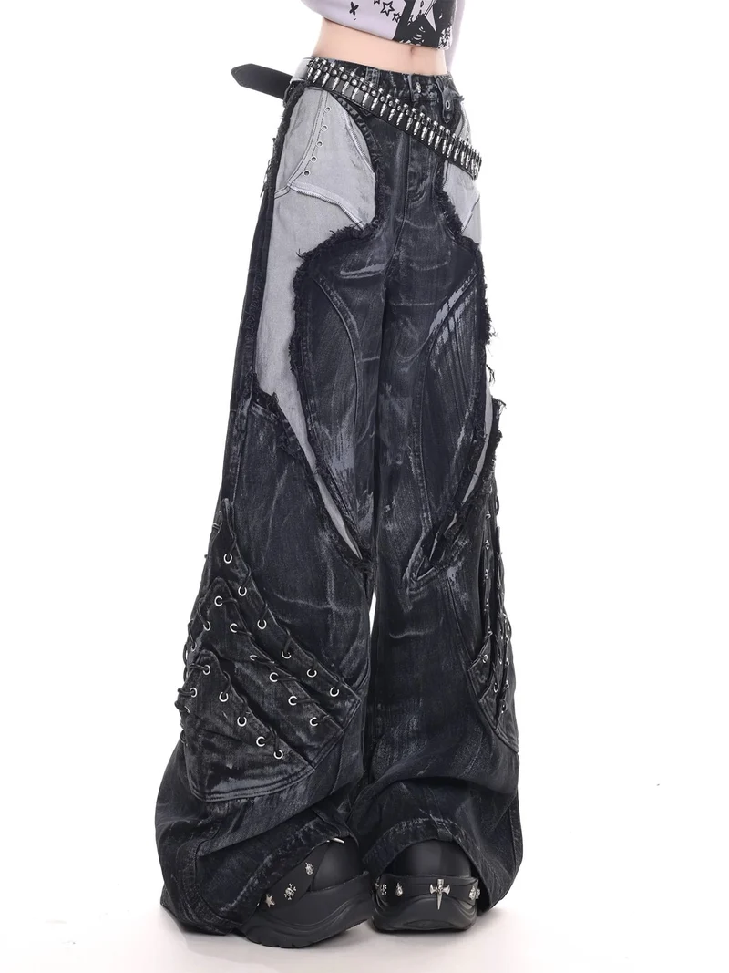 Vintage Washed Patchwork Lace-Up Wide Jeans