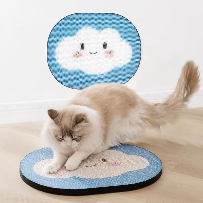 Kratzbrett Katze, Kratzboard aus Wellpappe, Wolken-Design, Blau-Weiß, Für Boden oder Wandmontage