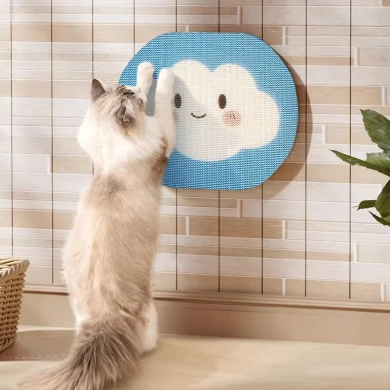 Kratzbrett Katze, Kratzboard aus Wellpappe, Wolken-Design, Blau-Weiß, Für Boden oder Wandmontage