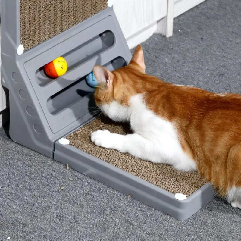 Kratzbrett Katze, Katzen Kratz Ecken mit Spielzeug und Interaktivität, L-förmige, Kratzbrett aus Wellpappe und Kunststoff