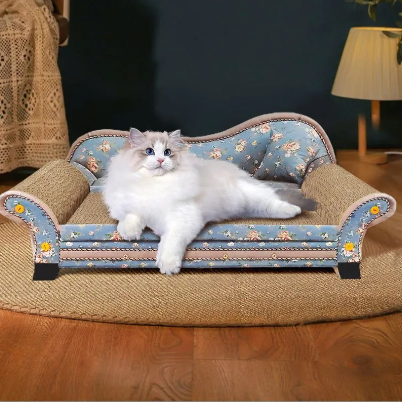 Kratzbrett für Katzen, Sofa-Design Katzenmöbel zum Kratzen und Entspannen, Hochwertiges wellpappmateria, Vintage-Muster, Blau