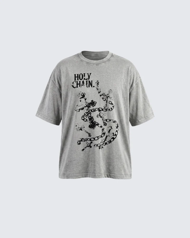 Vintage Washed Chain Cross Graphic Oversized T-Shirt