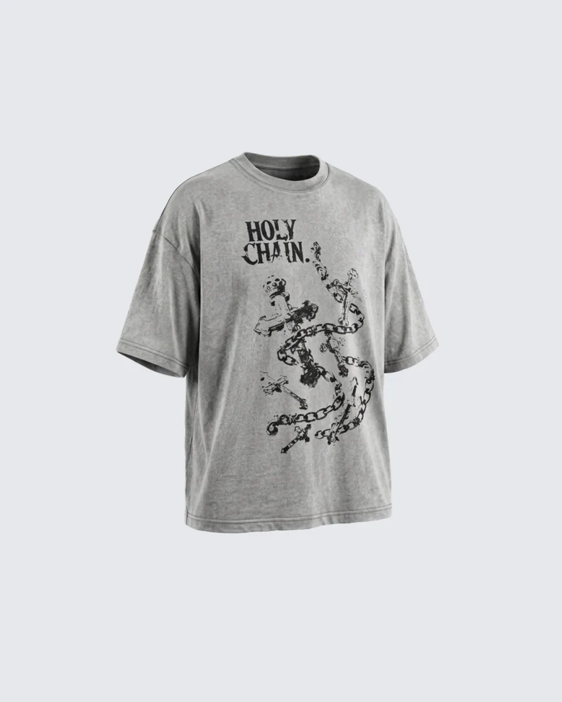 Vintage Washed Chain Cross Graphic Oversized T-Shirt