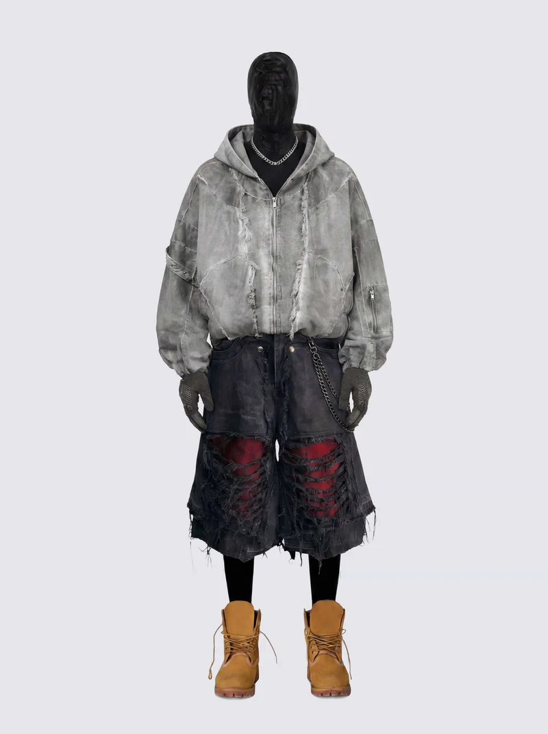 Distressed Patchwork Washed Zip Jacket