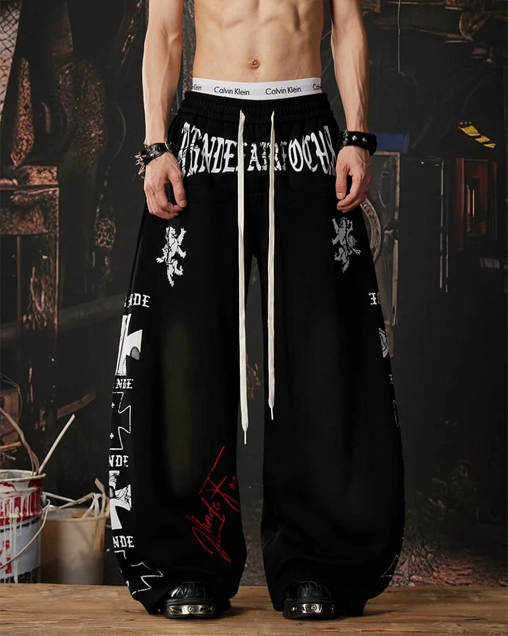 Black Gothic Letter Print Wide-Leg Sweatpants