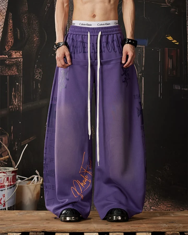 Black Gothic Letter Print Wide-Leg Sweatpants