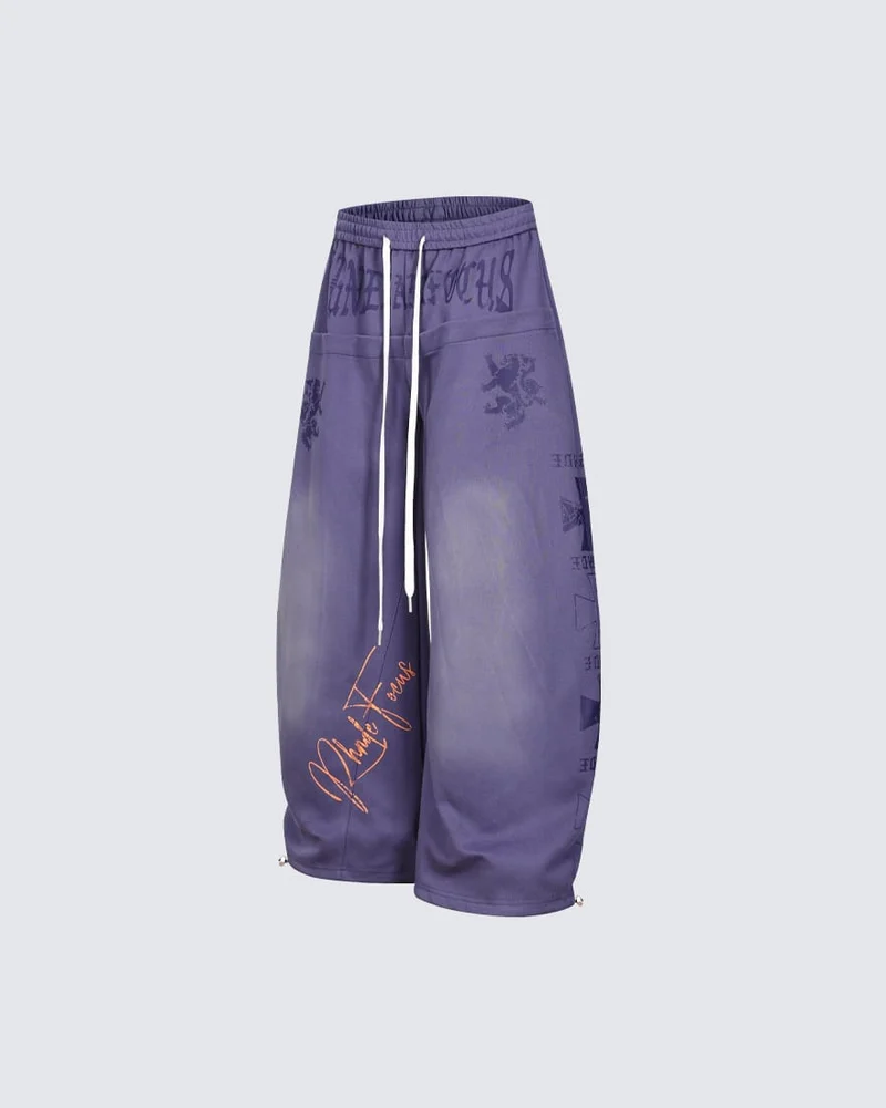Black Gothic Letter Print Wide-Leg Sweatpants