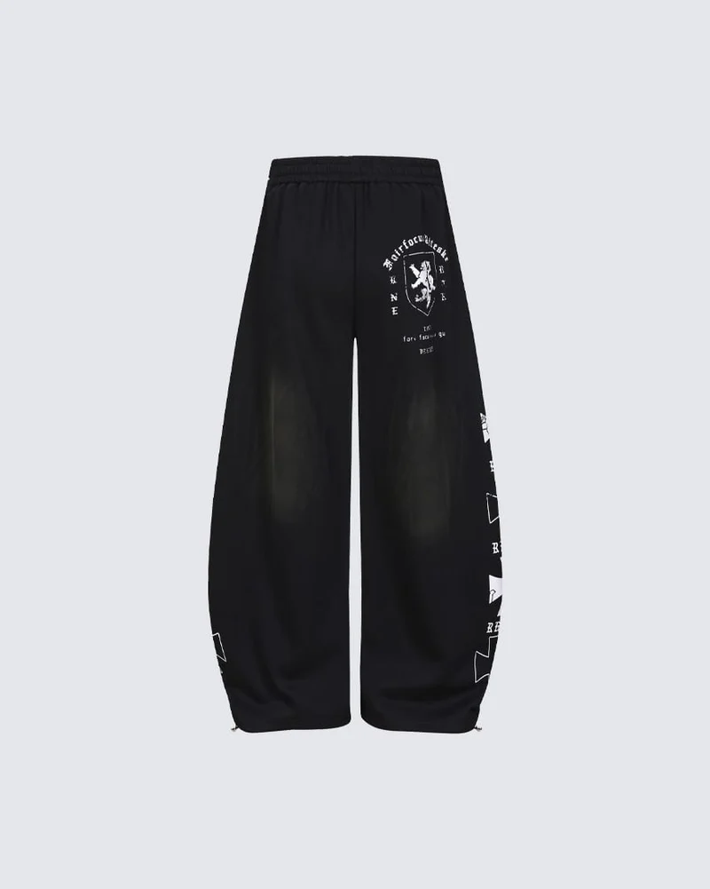 Black Gothic Letter Print Wide-Leg Sweatpants