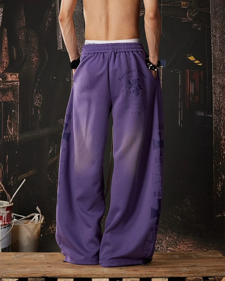 Black Gothic Letter Print Wide-Leg Sweatpants