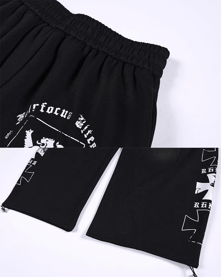 Black Gothic Letter Print Wide-Leg Sweatpants