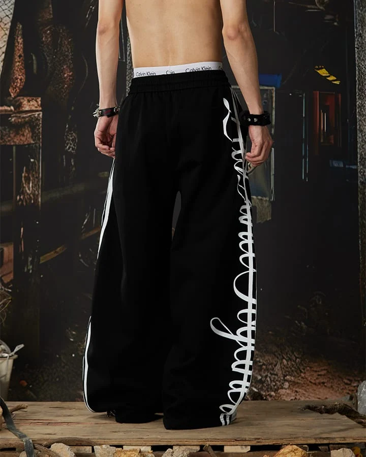 Curved Script Stripe Wide-Leg Sweatpants