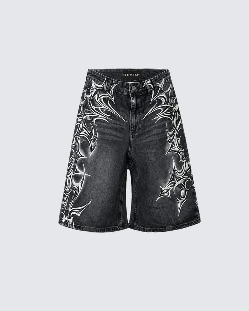 American Vintage Washed Tribal Print Denim Shorts