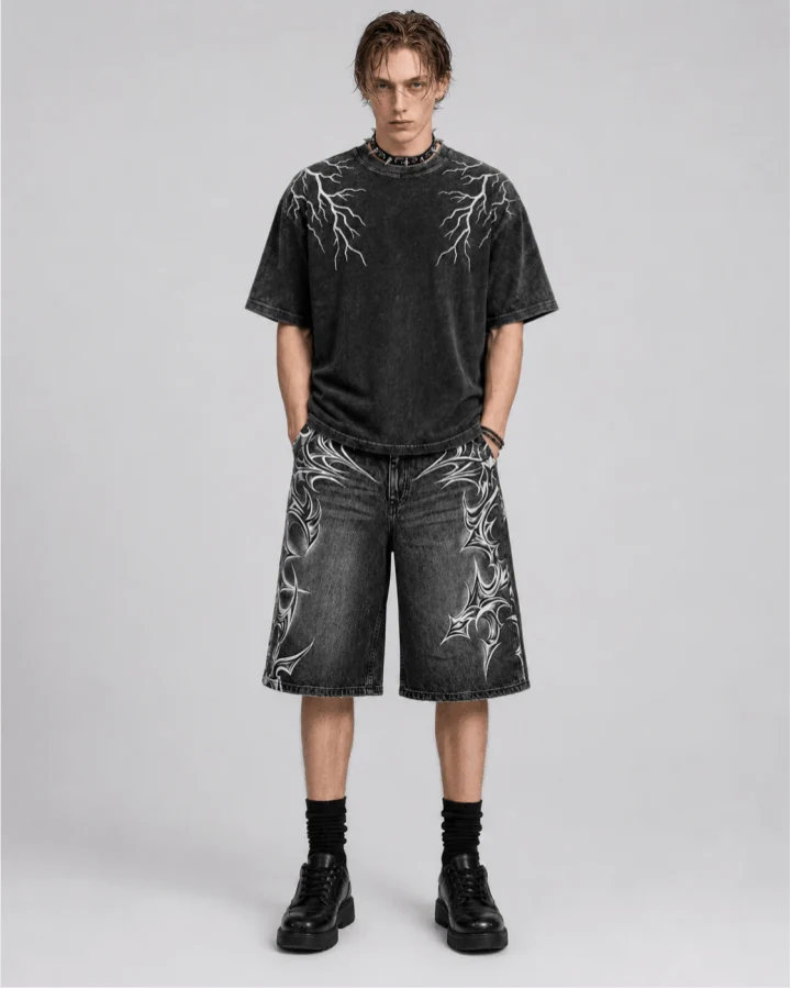 American Vintage Washed Tribal Print Denim Shorts