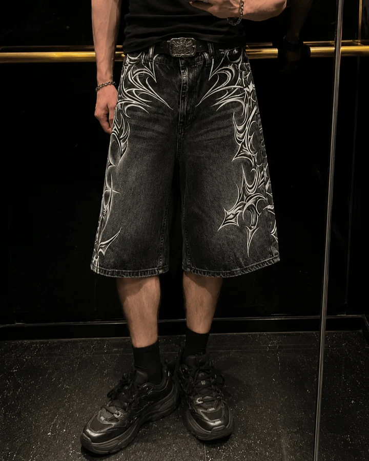 American Vintage Washed Tribal Print Denim Shorts