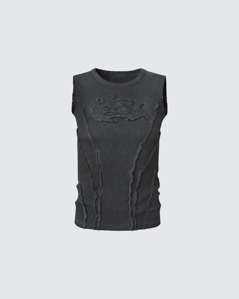 Dark Washed Distressed Sleeveless Ribbed Tank Top