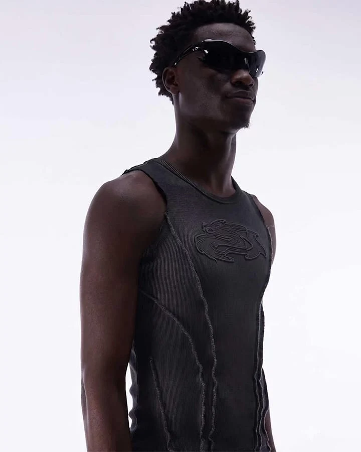Dark Washed Distressed Sleeveless Ribbed Tank Top