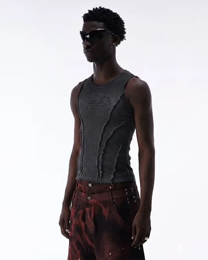 Dark Washed Distressed Sleeveless Ribbed Tank Top
