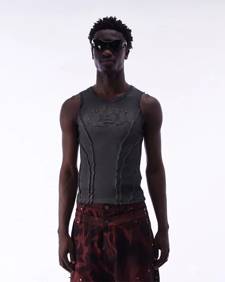 Dark Washed Distressed Sleeveless Ribbed Tank Top