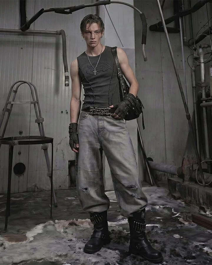 Dark Washed Distressed Sleeveless Ribbed Tank Top