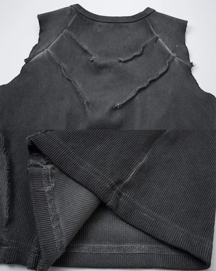 Dark Washed Distressed Sleeveless Ribbed Tank Top