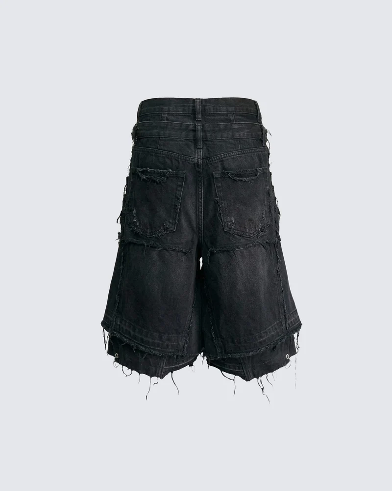 New Raw Hem Ripped Black Jean Shorts