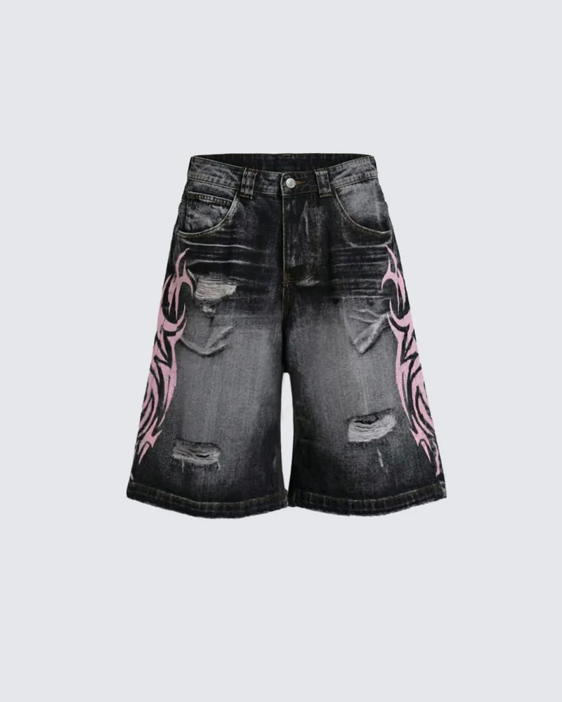Distressed New Tribal Print Denim Shorts