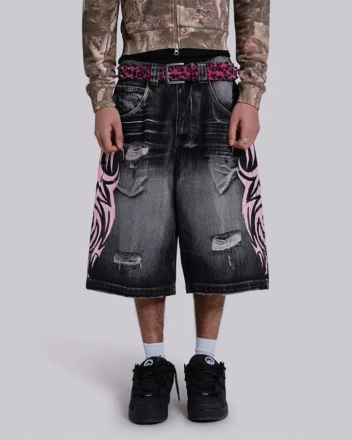 Distressed New Tribal Print Denim Shorts