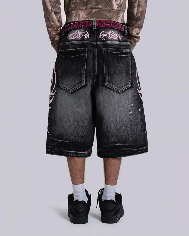 Distressed New Tribal Print Denim Shorts