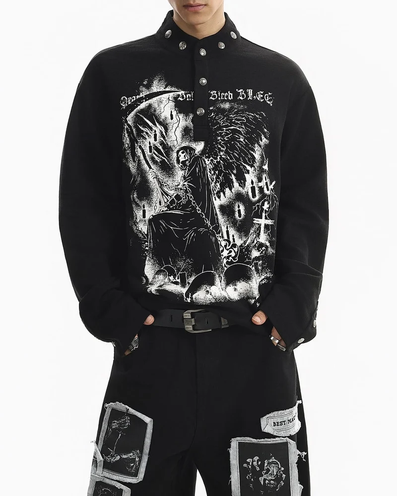 Street Printed Stand Collar Long Sleeve Polo Shirt