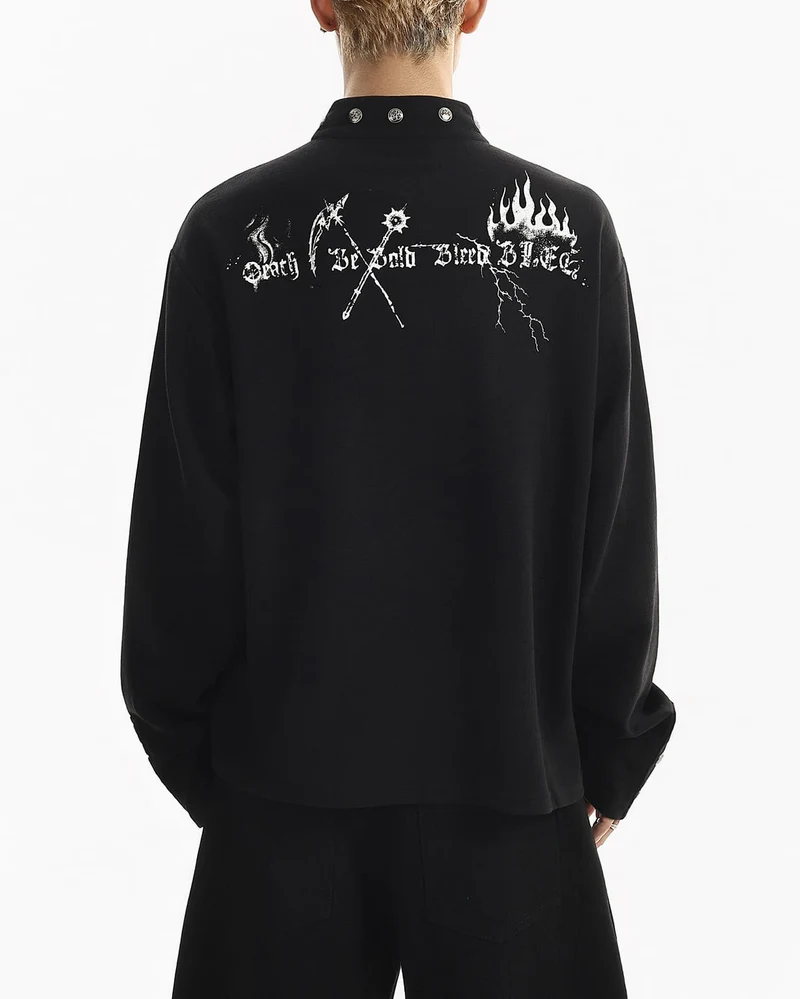 Street Printed Stand Collar Long Sleeve Polo Shirt