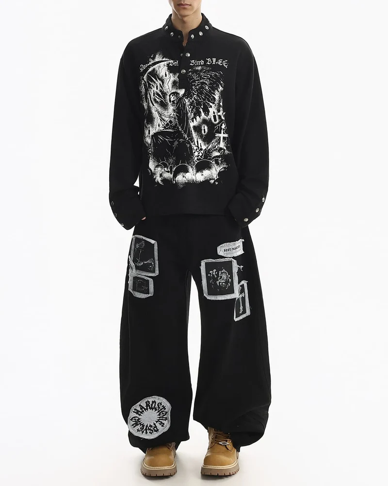 Street Printed Stand Collar Long Sleeve Polo Shirt