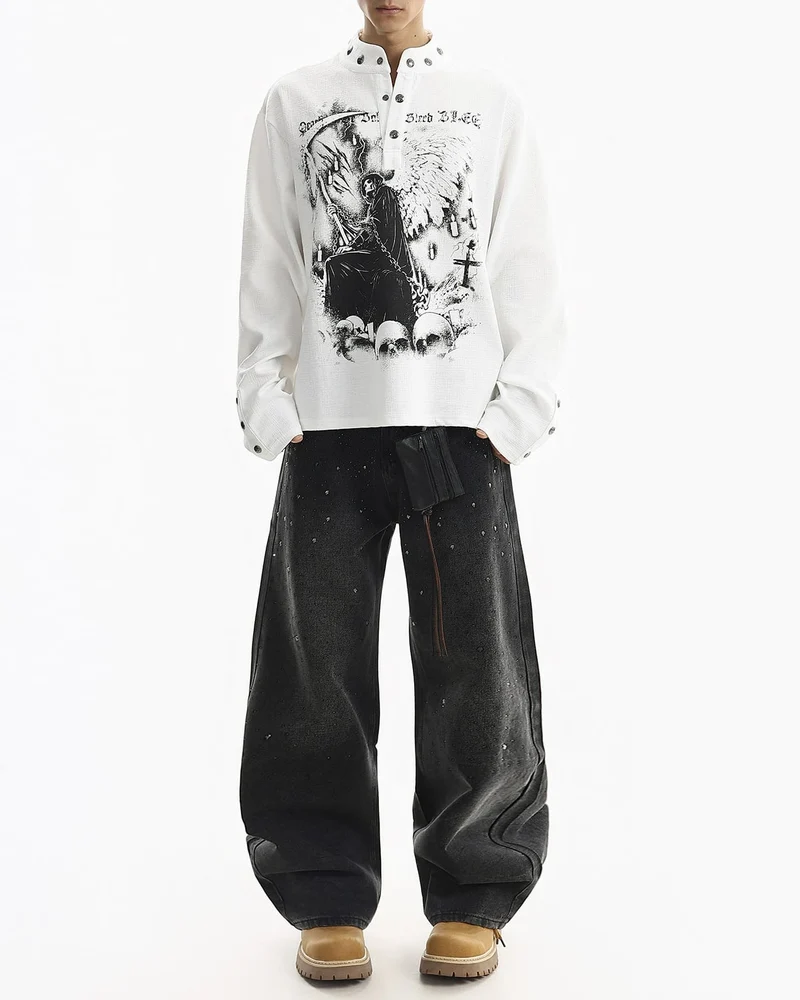 Street Printed Stand Collar Long Sleeve Polo Shirt