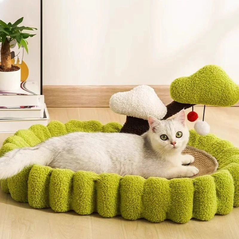 Kratzpappe Katze, Multifunktionale Sisal Kratzmatte für Katzen, Katzenmöbel mit Spielzeug und Baumdekor, Grün oder Braun