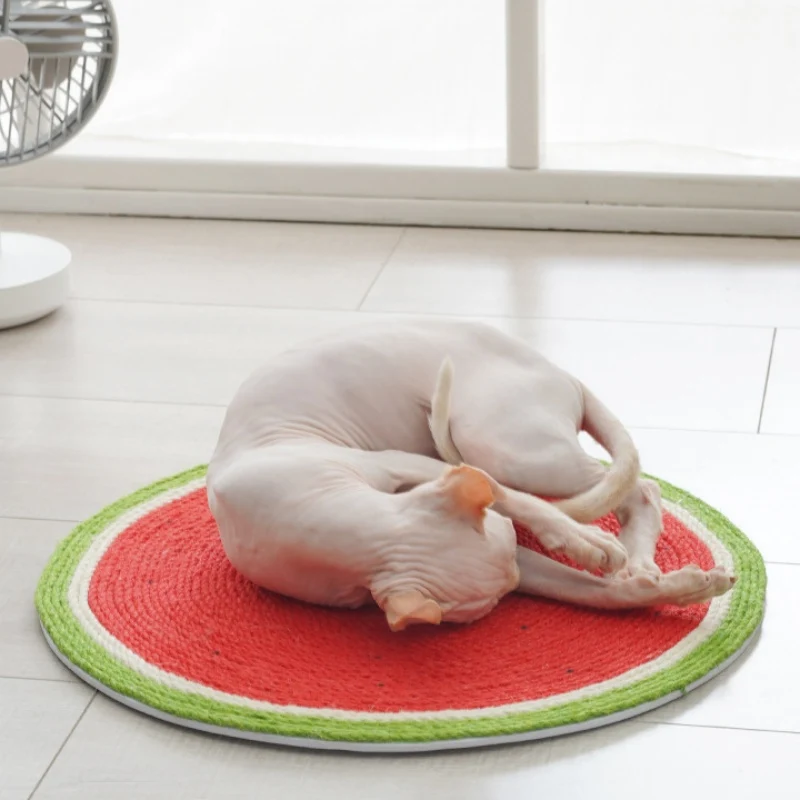 Kratzmatte, Runde Katzen-Kratzmatte im Wassermelonen-Design, Ø 37 cm, Rot-Grün, Für Krallenpflege und Spielspaß