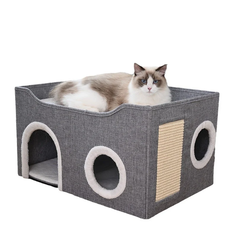 Katzenbett Flauschig mit Katzen Kratzbrett, Warm und Faltbar für Komfort & Bequemlichkeit, Doppelschichtige Katzenhöhlen