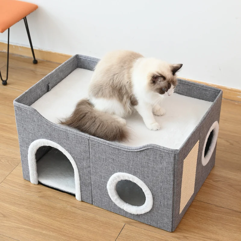 Katzenbett Flauschig mit Katzen Kratzbrett, Warm und Faltbar für Komfort & Bequemlichkeit, Doppelschichtige Katzenhöhlen